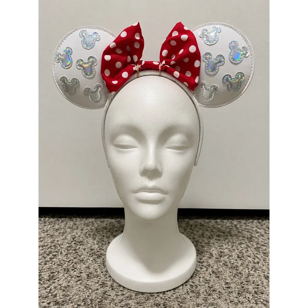 Disney Minnie Mouse White Iridescent Mickey Ears Headband Red Polka Dot Bow NEW